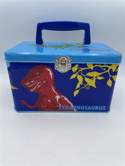 Vtg Sanrio Dinomighties Dinosaur Tin Lunch Box Metal Storage 